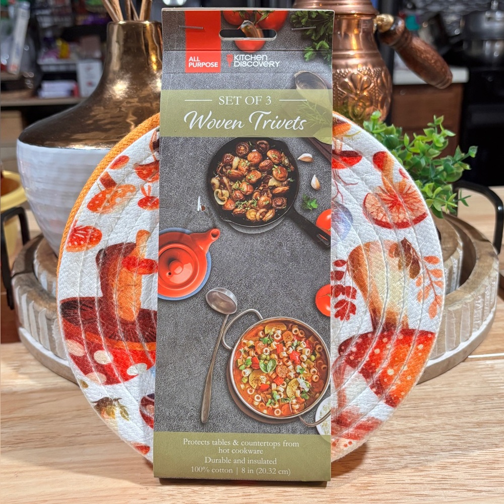 Set of 3 Woven Trivets  8” with Orange and Red Design, Mushroom Butterscotch